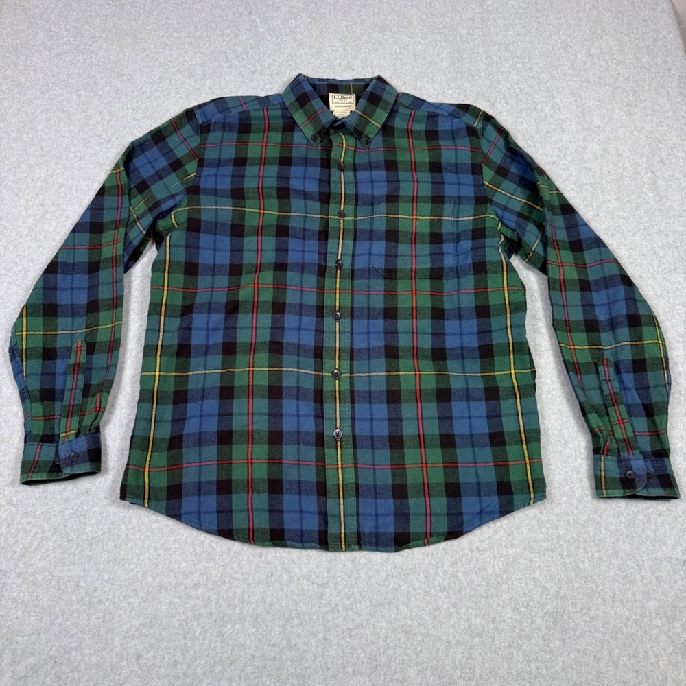 LL Bean Mens Traditional Fit Plaid Button Down Shirt Green Blue Gorpcore Medium